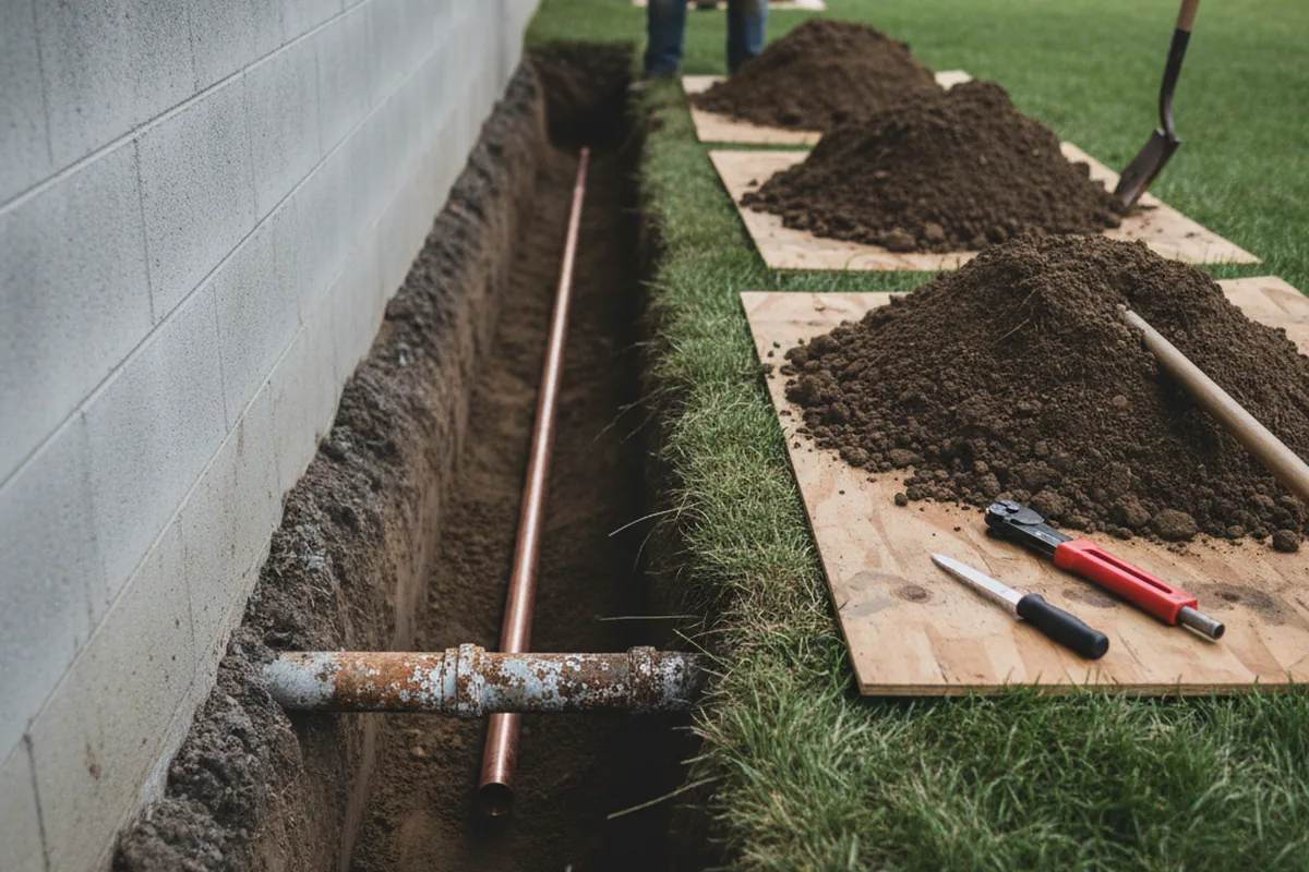 Excavated water line trench during Sewer Line Repair in San Joaquin